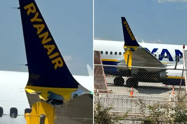 Ryanair plane crash wing damage at Kalamata Airport.